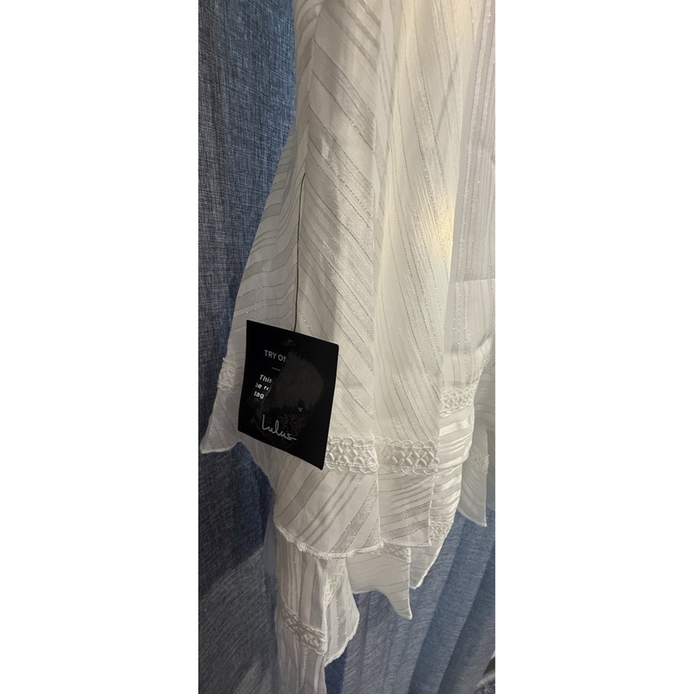 Lulu Adorable Essence White Striped Puff Sleeve Mini Dress Womans M V-neck NWT - Picture 8 of 12